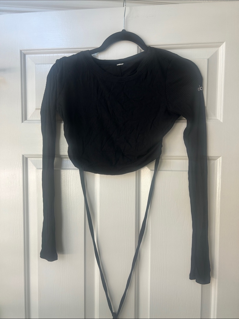 ALO Yoga Black Ribbed Long Sleeve Crop Top with Wrap Ties